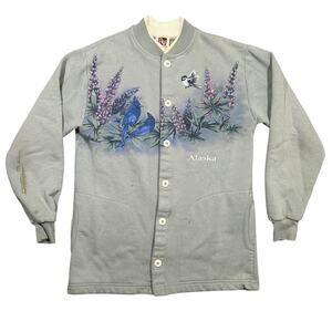 Vintage 90s Art Unlimited Alaska Button Sweatshirt Women’s Small Flowers Birds